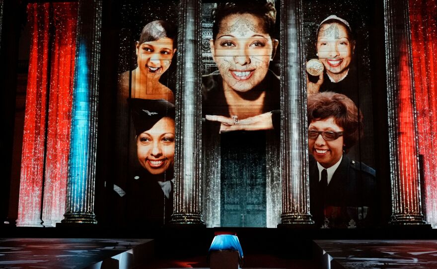 Images of Josephine Baker are projected on the Pantheon monument during a ceremony in Paris on Tuesday.