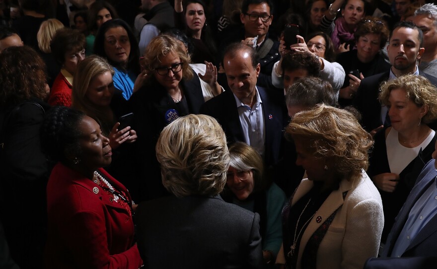 Hillary Clinton greets supporters and members of her staff ahead of her concession speech Wednesday at the New Yorker Hotel in New York City.