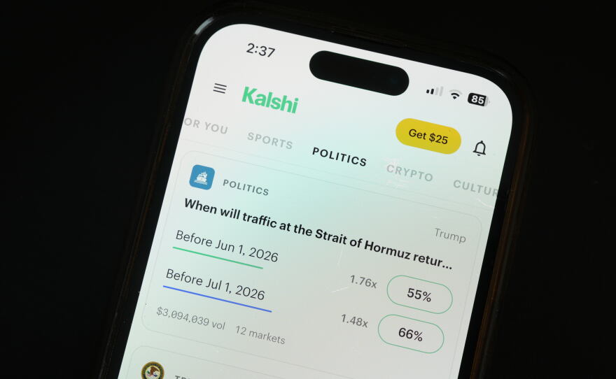 The prediction market app Kalshi is displayed on a mobile phone Thursday, April 16, 2026, in Chicago.