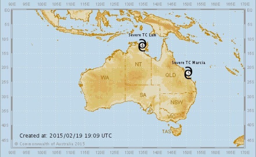 A map showing where Cyclones Lam and Marcia are located.