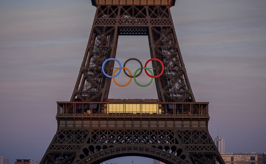 The Olympic rings are seen on the Eiffel Tower Friday, June 7, 2024, in Paris.