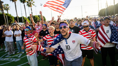 Fans react during a watch party for the World Cup Round of 32 soccer match between the United States and Bosnia in Carson, Calif. on July 1, 2026.