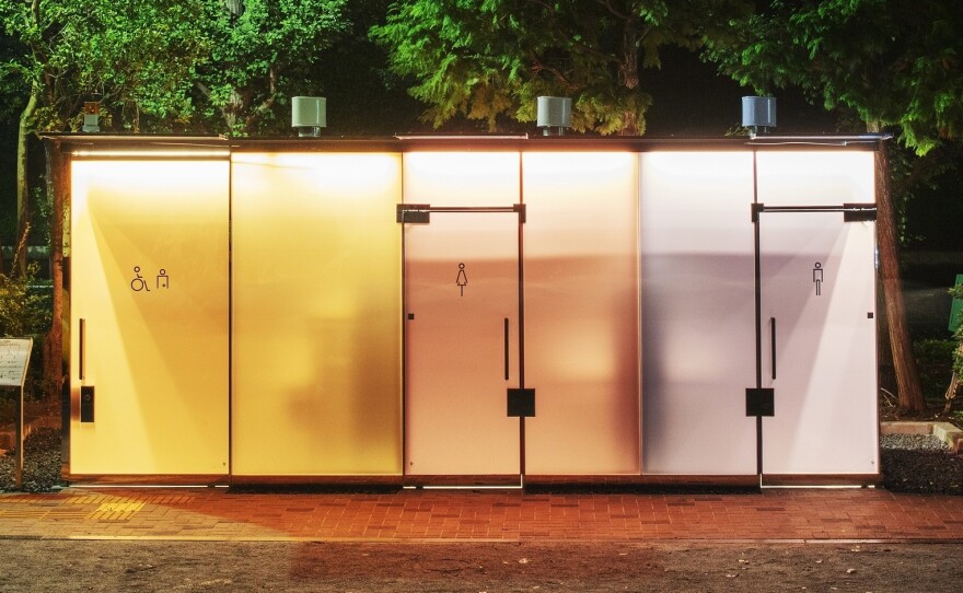 The glass walls of Ban's new public bathrooms turn opaque when people enter and lock the door.