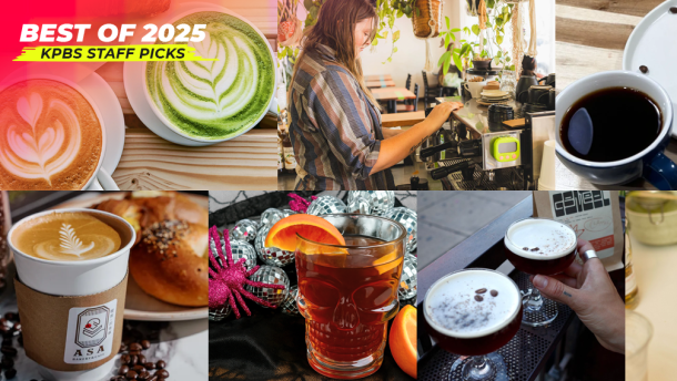 Some of the coffee and tea places that stood out to KPBS Staff in 2025 are shown. Top row, from left: Forum Coffee, Ultreya Coffee & Tea and Muri Coffee & Dessert. Bottom row, from left: ASA Bakery, Tea Bazaar, Genteel Coffee Roasters and Café Alessie.