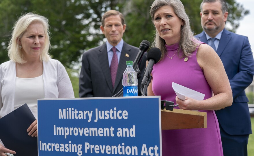 For years, New York Democratic Sen. Kirsten Gillibrand (left) has sought approval of her bill to reform the military's criminal justice system. This year, Gillibrand joined forces with Iowa Republican Sen. Joni Ernst, seen here, a sexual assault survivor herself before she became a combat company commander.