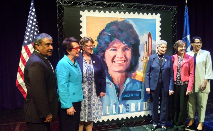 The U.S. Postal Service held a ceremony at UC San Diego where they unveiled a new stamp posthumously honoring NASA astronaut and former UCSD professor Sally Ride, San Diego, May 23, 2018.