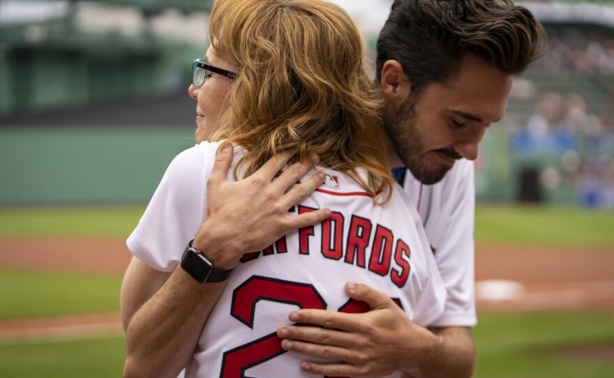 Giffords was joined at Fenway Park by David Hogg, a gun violence prevention activist and survivor of the Marjory Stoneman Douglas High School mass shooting.
