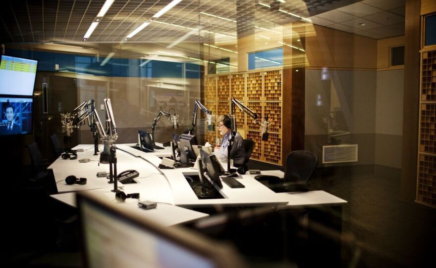 Neal Conan in the studio during the last broadcast of <em>Talk of the Nation</em>.