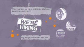 Graphic illustration of a "We're Hiring" sign with pay ranges and dollar bills on a cloudy background.
