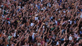 People gather during a protest following the eviction last Wednesday of 87-year-old Maricarmen to demand stronger laws to protect renters at Puerta del Sol in Madrid, Spain, Saturday, Sept. 26, 2026.