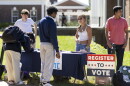 Students at the University of Virginia help eligible voters register to vote in Charlottesville, Va., in 2024.