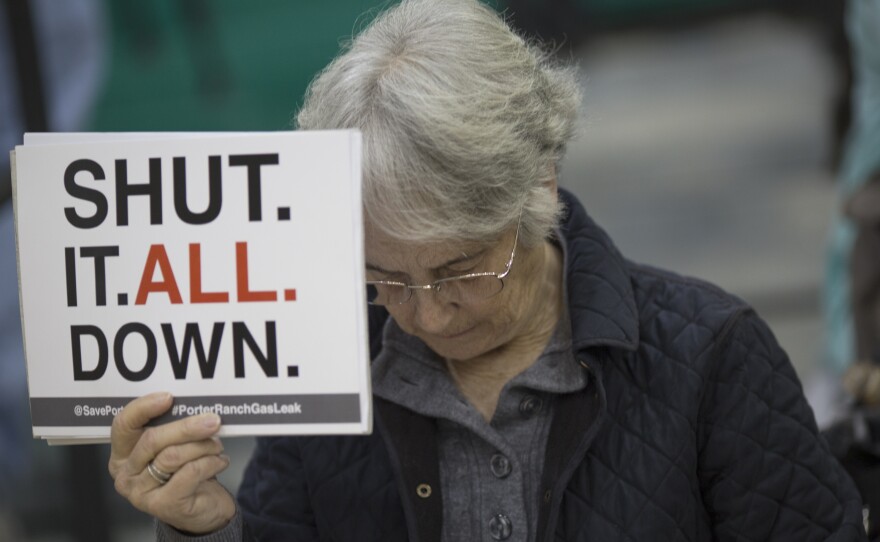 A woman attends a public hearing about the gas leak before the South Coast Air Quality Management District. The agency has ordered Southern California Gas Co. to permanently shut down the well, and is suing the company for negligence.