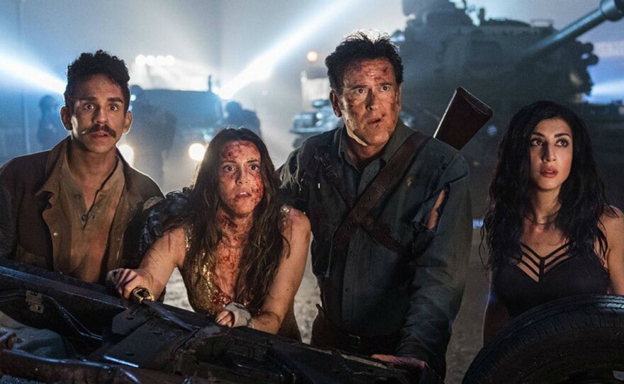 Pablo (Ray Santiago), Ash's recently discovered daughter Brandy (Arielle Carver-O’Neill), Ash (Bruce Campbell), and Kelly (Dana DeLorenzo) have to fight Evil in the season three premiere of "Ash Vs. Evil Dead."