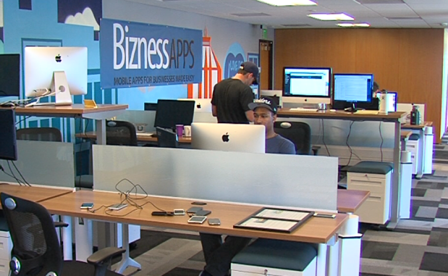 Employees at Bizness Apps work at the company's new La Jolla headquarters, June 17, 2016.