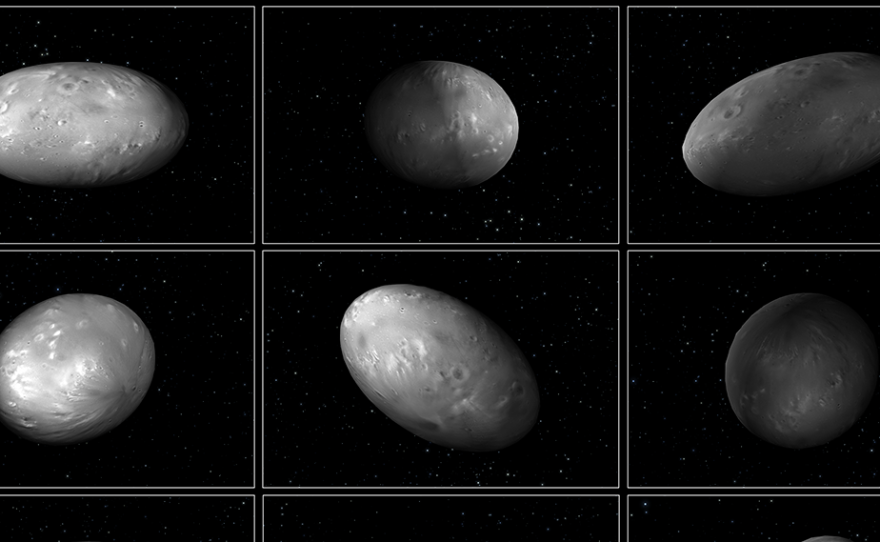 Computer modeling illustrations of Pluto's moon Nix shows that its orientation changes unpredictably as it orbits the "double planet" of Pluto-Charon.