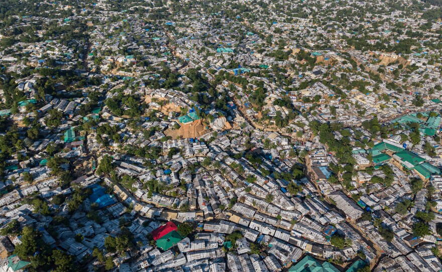 FILE - An aerial view of a Rohingya refugee camp, home to over a million of Myanmar's persecuted Rohingya minority, covers the land in Cox's Bazar, Bangladesh, Nov. 25, 2025.