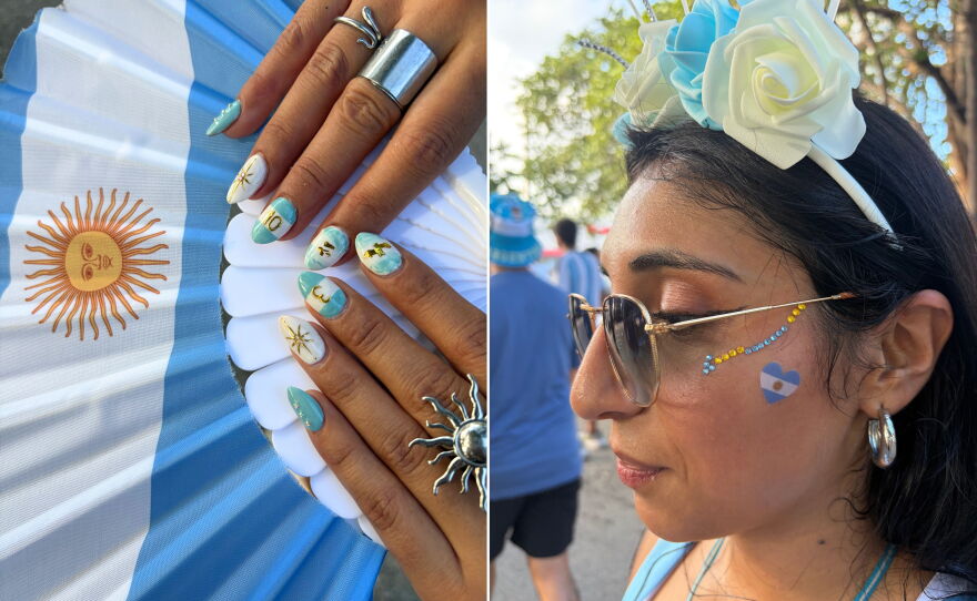 Argentina fan Juana Olivera shows off her country's colors in Miami, Fla. before the Cape Verde match.