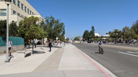 Students exit the San Diego State University campus after classes were canceled due to a water main break, San Diego, September 12, 2018. 

