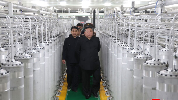 In this photo provided by the North Korean government, its leader Kim Jong Un, front right, visits a new facility to produce nuclear bomb fuels at an undisclosed place in North Korea Wednesday, June 3, 2026.