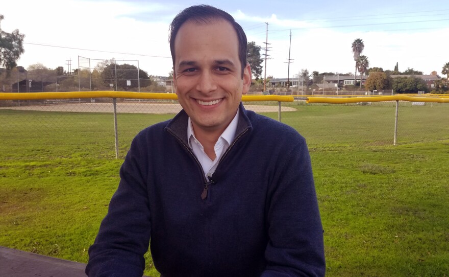 Raul Campillo, a candidate for San Diego City Council District 7, talks at Lake Murray, Dec. 10, 2019.