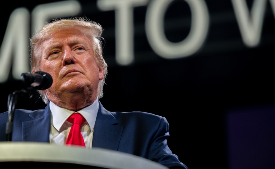 Former President Donald Trump speaks during the American Freedom Tour on Saturday in Austin, Texas.