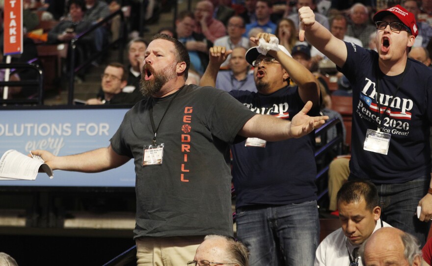 Delegates voice their disapproval during the Utah Republican 2018 nominating convention Saturday. Mitt Romney faced nearly a dozen GOP contenders. He was forced into a primary race with state Rep. Mike Kennedy after Kennedy received 51 percent of the vote and Romney 49 percent.