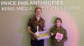 The photo shows San Diego author Mara Altman and her book "What's Not Food!" pictured alongside KPBS' Andrew Bowen on October 15, 2025.