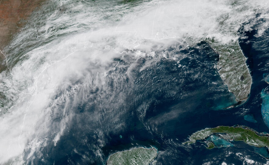 This GOES-19 GeoColor satellite image provided by NOAA, shows a storm system forming along the Gulf coast of Texas, on Tuesday, June 16, 2026.