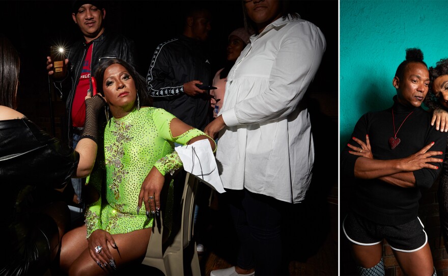 <strong>Left:</strong> Chedino sorts out her friend Jada's hair, a contestant at the Miss Gay Legacy beauty pageant at St. Mary's Church in Retreat, Cape Town, South Africa, in 2022. <strong>Right:</strong> Audience member Zsa Zsa Gabor (left) and performer Angel Lalamore backstage at the 2022 edition of the Miss Calendar Girl pageant.