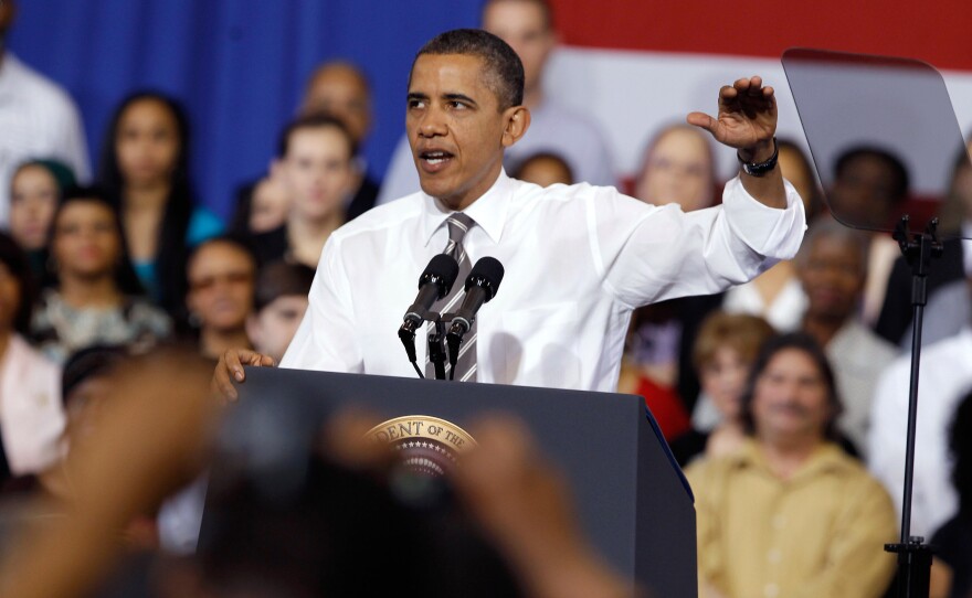 U.S. President Barack Obama delivers remarks on energy policy during a rally at Prince Georges Community College March 15, 2012 in Largo, Maryland. 