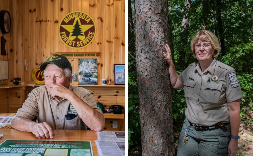 LEFT: Fire tower historian David Quam, 82, founded the Forestry Education Center at the Beltrami County Fairgrounds in Bemidji, Minnesota. Quam led the effort to restore and preserve the Pinewood Fire Tower, now located on the fairgrounds. RIGHT: Connie Cox is the MN DNR Lead Interpretive Naturalist at Itasca State Park.