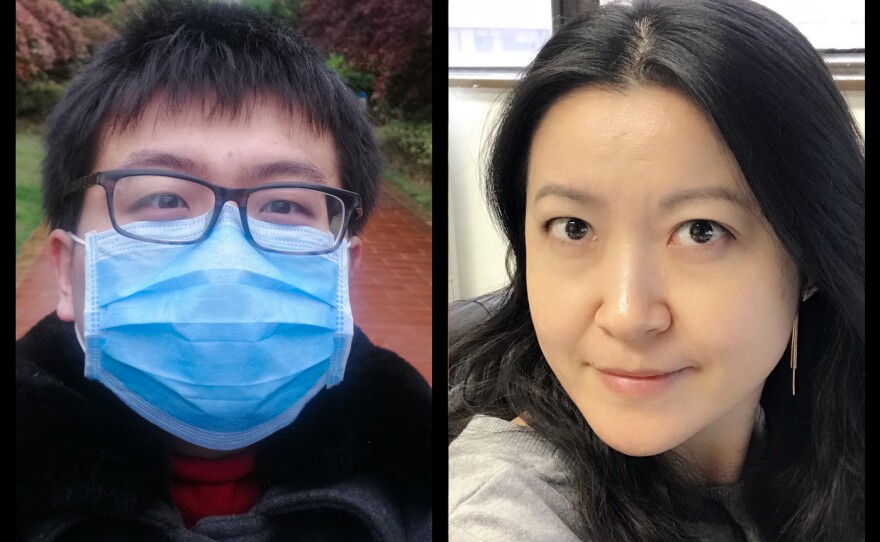 Left: Xi Lu had traveled to Wuhan in January to spend the Lunar New Year with his parents, having not been with his them for the holiday in over seven years. Lin Yang, an epidemiologist at Hong Kong Polytechnic University also traveled to Wuhan to visit her parents for the Lunar New Year. Each person found themselves stuck there with the enforcement of lockdown in the city.