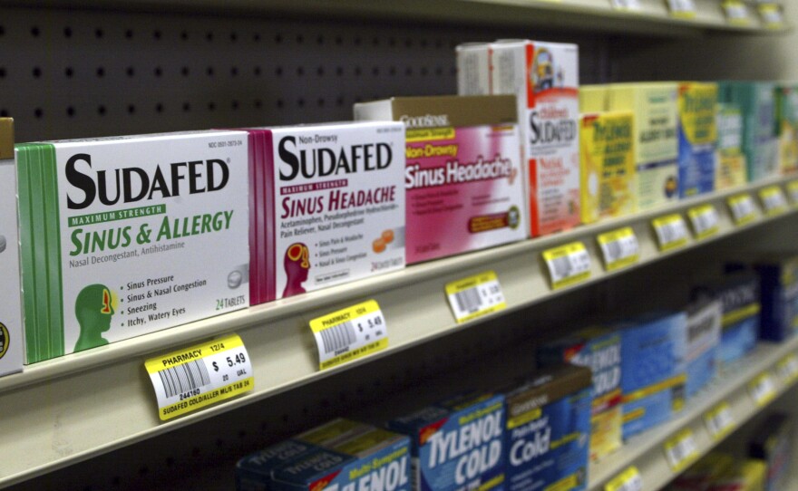 Sudafed and other common nasal decongestants containing pseudoephedrine are on display behind the counter at Hospital Discount Pharmacy in Edmond, Okla., Jan. 11, 2005. On Tuesday, Sept. 12, 2023 advisers to the Food and Drug Administration said that a different ingredient, phenylephrine, is ineffective at relieving nasal congestion. Drugmakers reformulated their products with phenylephrine after a 2006 law required pseudoephedrine-containing medications be sold from the behind pharmacy counter.
