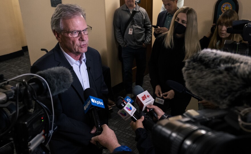 District 5 Supervisor Jim Desmond speaking with reporters just after casting his vote of no confidence in disgraced Supervisor Fletcher, April 11, 2023.