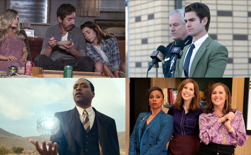 Stills from <em>Made for Love, Under the Banner of Heaven, The Man Who Fell To Earth</em>, and <em>I Love That For You. </em>