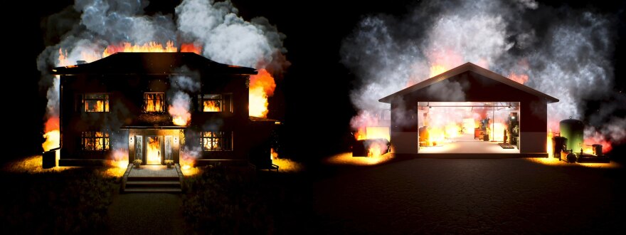 A still from Andrew Roberts' two-channel video work, "A house on fire is a ghost, a factory on fire is a specter," which opens at Best Practice on Jan. 8, 2022.