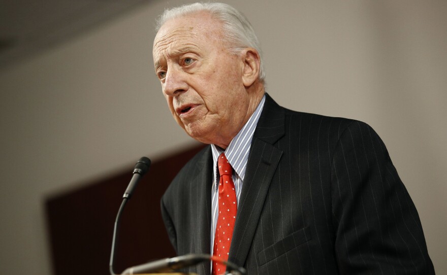 James Brady, chairman of the University System of Maryland Board of Regents, speaking at a news conference on Oct. 30, resigned on Thursday after days of outrage over the board's recommendation that football head coach DJ Durkin retain his job.