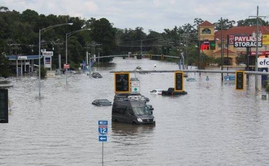 Flooding can be seen on O'Neal Lane, looking north from I-12 in Baton Rouge, La.