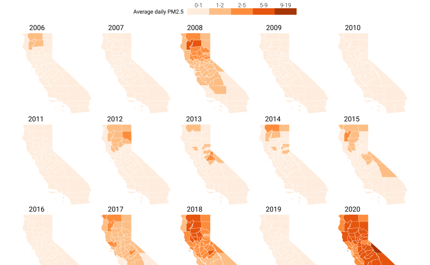 15 maps of the state of California show areas increasingly exposed to heavy smoke