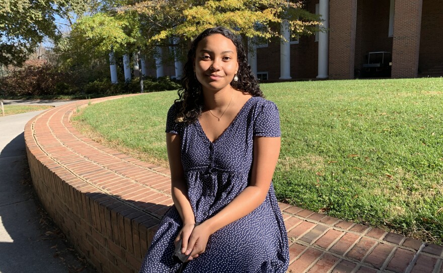 Jaiya McMillan, a Hollins junior, is vice president of the student government. The wishbone charm on her necklace is a totem of how lucky she feels to be at Hollins.
