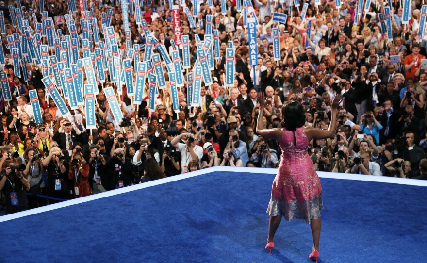 Michelle Obama takes the stage during the Democratic National Convention on Sept. 4, 2012 in Charlotte, N.C.