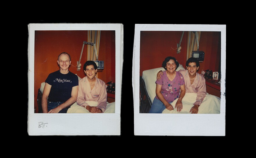 Photos at the hospital: Miguel with his partner and Miguel with his mother.