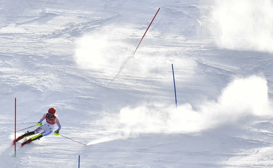 Mikaela Shiffrin was in fourth place after her first run in the women's slalom at Yongpyong Alpine Center, in the Pyeongchang Winter Olympics.