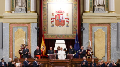 Pope Leo XIV is flanked by Francina Armengol, President of the Congress of Deputies of Spain, as he arrives to meet with members of the Spanish Parliament at the Congress of Deputies, in Madrid, Monday, June 8, 2026.