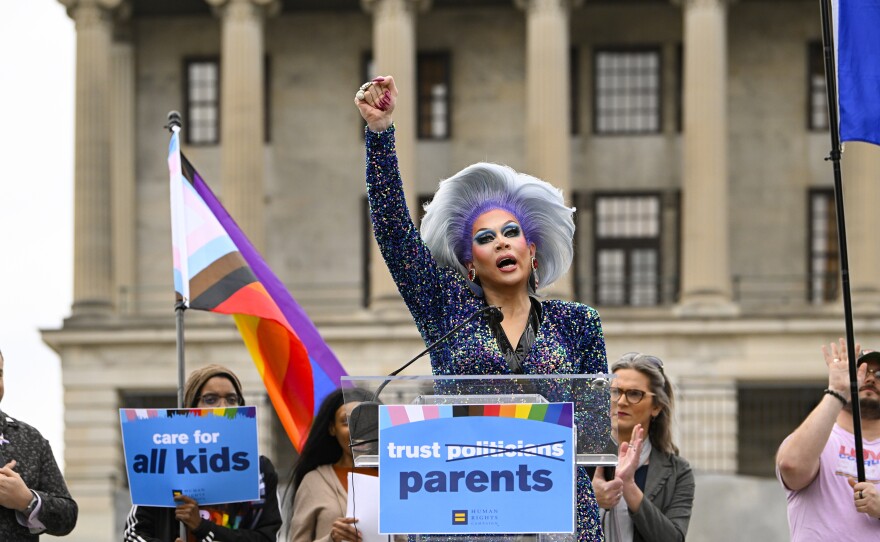 Drag artist Vidalia Anne Gentry speaks during a Feb. 14 news conference held by the Human Rights Campaign to draw attention to anti-drag bills in the Tennessee legislature.