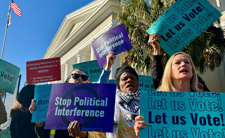 Abortion access advocates are chanting and waiving signs outside the Florida Supreme Court. Inside, justices have just heard arguments on the ballot language for a proposed state constitutional amendment that would protect abortion access up to the point of viability.