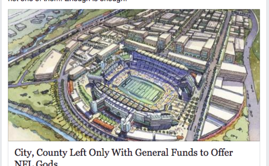 A Facebook post dated Aug. 13, 2016, is shown detailing San Diego City Council District 9 candidate Sarah Saez's opposition to using public funds for a Chargers stadium.