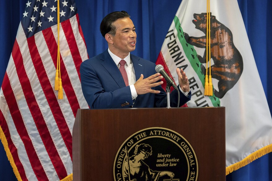 In this April 23, 2021, file photo, California Attorney General Rob Bonta speaks in Sacramento, Calif.