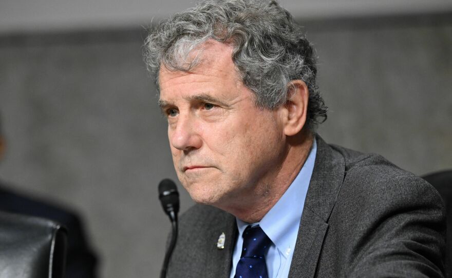 Sen. Sherrod Brown, D-Ohio, looks on during a Senate committee hearing on May 16, 2023.