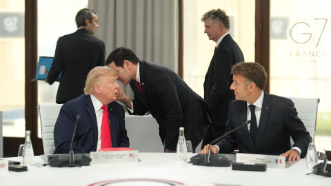 United States Secretary of State Marco Rubio, center, speaks with U.S. President Donald Trump, left, during a working session at the G7 summit in Evian-les-Bains, France, Tuesday, June 16, 2026.